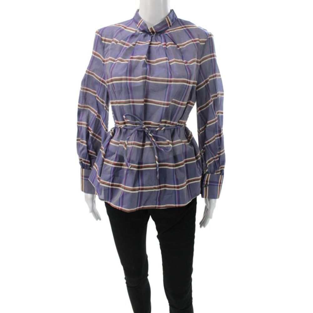 Brock Collection Womens Tunic Silk Plaid TieNeck Button Long Sleeve Blue Size 6